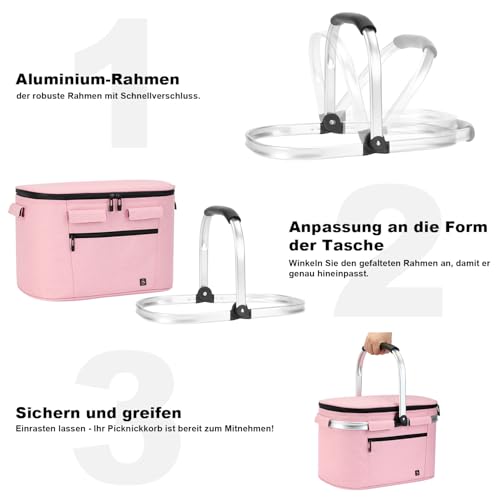 ALLCAMP Faltbar Isoliert Kühltasche - Einkaufskorb Thermo Mit Deckel, Abnehmbarer Picknickkorb 2 Personen, Aluminiumrahmen Kühlkorb, Verdicken Thermokorb