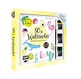 50 x Watercolor – Flamingo, Kaktus & Co. – Starter-Set – Sonderausgabe: Die beliebtesten Aquarellmotive in nur 5 Schritten – Buch, 3 original Marabu Aqua-Ink-Graphix-Farben und Pinsel