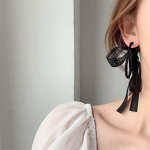 Fashion Lightweight Handmade Black Beaded Hoop Earrings Unique Long Ribbon Bow Tassel Dangle Drop Earrings Jewelry for Women Girls 6