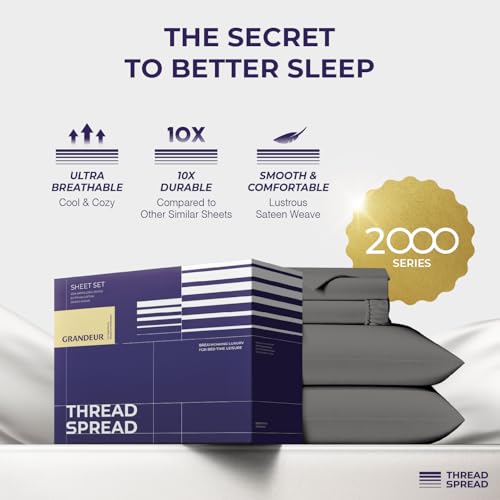 Image of THREAD SPREAD Egyptian Cotton Sheets Queen Size - Luxury 2000 Series High Thread Count Cotton Cooling Sheets Queen Size (4 PC, Dark Grey), Soft, Sateen Weave, 17 inch Extra Deep Pocket Hotel Bedding Set