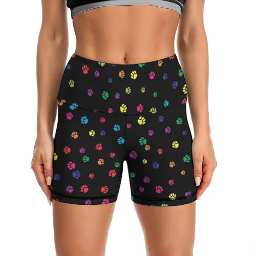 Rainbow Paw Footprint Animal Pattern High Waist Yoga Shorts for Women Athletic Shorts Leggings Running Pants
