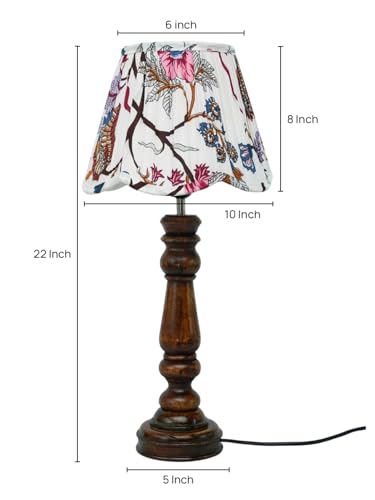 Image of Green Girgit Wooden Classic Lamp with Pleeted Multicolor Red Floral Lotus Shape Lamp Shade