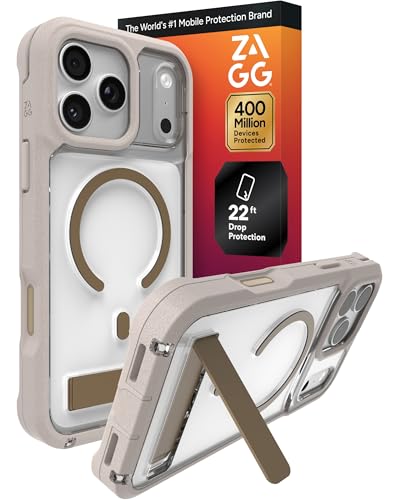 Image of ZAGG Rainier Case with Kickstand for iPhone 17 Pro Max - Gray Sandstone, Graphene 22ft (7m) Drop Protection, Lanyard Attach Points, MagSafe, Wireless Charging Compatible, 2-Piece Design, Phone Case