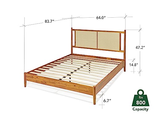 Image of Bme Oliver 15-Inch Queen Bedframe with Rattan Headboard, Bohemian, Caramel