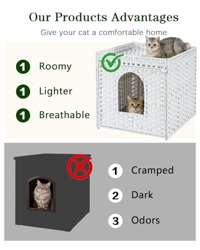 Image of SETVSON Cat Litter Box Enclosure Furniture, Large PE Rattan, White | Large PE Rattan Kitty House fits Large Litter Boxes, Top Fence, Included Litter Mat, 2 S-Hooks, Sturdy Metal Frame