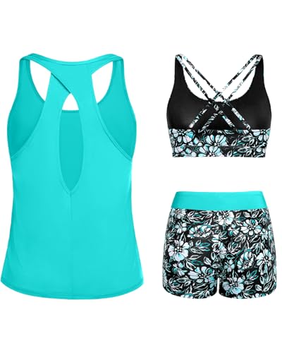 Tempt Me Aqua Blue Floral 3 Piece Tankini Swimsuits for Women Athletic Bathing Suits Swim Tank Top with Boy Shorts and Bra Modest Swimwear M - Image 2