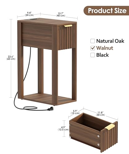 Image of Akxomel Narrow Nightstand Set 2 with Charging Station Fluted Table Walnut