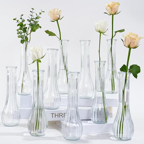 VIVIRENOIR Glass Tall Bud Vases for Centerpieces, Ribbed Flower Vase in Bulk Set of 10, Modern 8