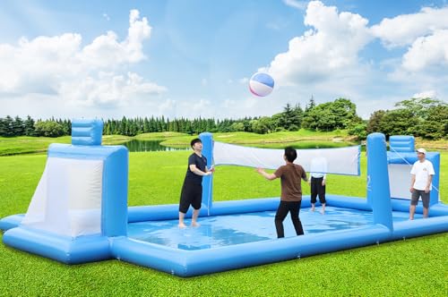3 IN 1 Inflatable Volleyball Pool Inflatable Soccer Basketball Count for Adults and Family, 100% PVC Commercial Inflatable Volleyball Count with 800w Air Pump, Giant Beach Outdoor Games, 33x16.5x7ft