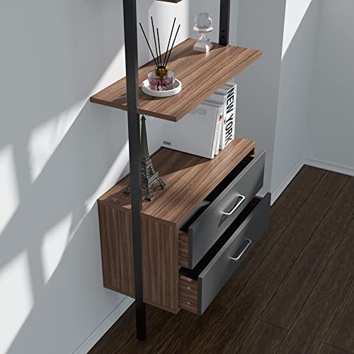 Lyuhome Wall Mounted Ladder Shelf, Modern 5-Tier Ladder Bookshelf With Drawers, Metal And Wood Bookcase With Storage Cabinet For Home Office Walnut #TOP4