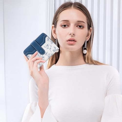 Image of BIAOTIE Wallet for Women Cute Floral Flower Wallet RFID Credit Card Holder Purse Small Bifold Zipper Coin Pocket Purse with ID Windows (Marine Blue)