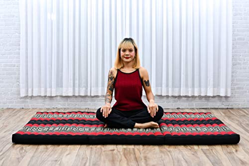 Image of Leewadee Trifold Mattress XL - Comfortable Thai Massage Pad, Foldable Relaxation Floor Mattress Filled with Kapok, Perfect to Use as a Sleeping Mat 79 x 39 inches, Black Red