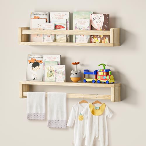 Image of QimCoor Nursery Book Shelves Set of 2, 23.6inch Floating Wall Bookshelf for Kids Room, Natural Solid Wood Book Shelf for Baby Nursery Room, Wall Shelves for Bedroom Decor, Toy Storage Shelves