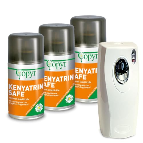 Copyr Kenyatrin Safe e Copyrmatic Evolution Night & Day - Insetticida Antizanzare, Mosche e Insetti Volanti, 3 Bombole 250ml + Erogatore Automatico, Piretro Insetticida Biologico e Repellente Zanzare