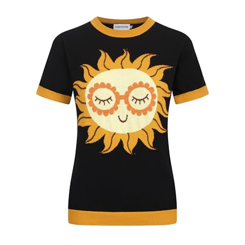 OXKnit Women's Black Retro Short Sleeve T-Shirts, Sunflower Pattern Crewneck Casual Knitted Tops