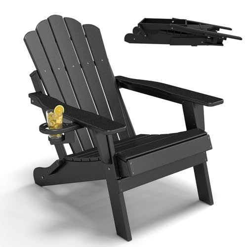 Freelawn Adirondack Stuhl Klappbar mit Getränkehalter Wetterfester HDPE Gartenstuhl Lounge Sessel Outdoor bis 170kg Feuerstellen Stühle Schwarz Matt