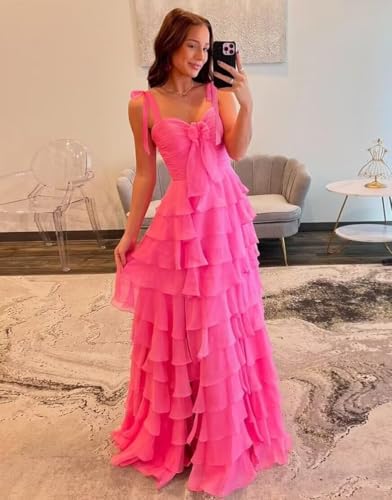MYDRESS Tiered Prom Dresses 2025 with Slit Pleated Spaghetti Straps Long Chiffon Cocktail Dresses for Women - Image 6