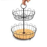 2-Tier Farmhouse Fruit Basket Stand, Wire Fruit Vegetables Countertop Storage Rack, Multifunctional Detachable Bread Snack Holder Bowl for Kitchen and Bathroom Organization - Black