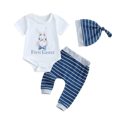Newborn Baby Boy Easter Outfit First Easter Romper Bodysuit Striped Long Pants Hat Bunny Easter Clothes (White, 0-3 Months)