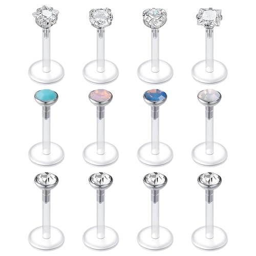 LAURITAMI 12 Pièces Piercing Labret Levre, Bioflex Flexibe Piercing Labret Vertical Levre, 16G Percing pour Tragus Oreille Hélix Cartilage Acier Chirurgical...