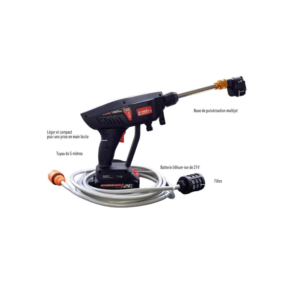 HYDROBLAST Le Pistolet Nettoyeur à Pression - MYBO TV - sans Fil, Rechargeable, portatif. Fonctionne sur Batterie. Peut s'utiliser avec Un Seau d'eau/raccordé au Robinet ou avec Une Bouteille d'eau