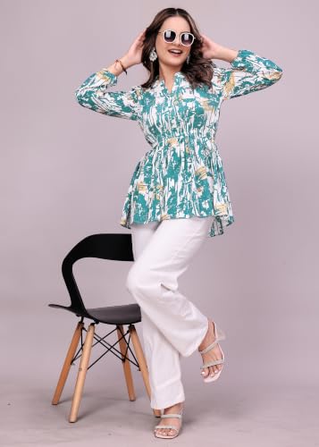 Image of NEW Women's Stylish Brown Polka Dot Crepe Fabric Tunic Top | Full Sleeves Collared Neck Peplum | Flared Fit Trendy Ladies Top