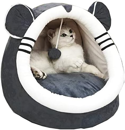 CLrkualn Cat Bed for Cats Small Dogs, Cat House with Dangling Toy Ball, Dog Cat Tent Foldable Warm Soft Nest Cat Bed with Removable Cushions Pet Shelter for Indoor Outdoor (Grey Medium)