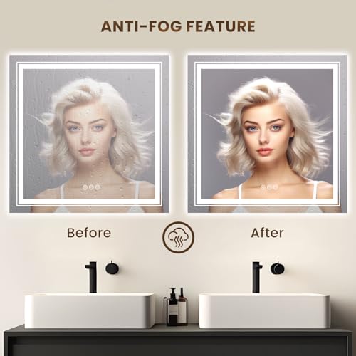 Image of WTTY RGB LED Bathroom Mirror 36 inchx36 inch with Backlit and 3 Front Light,Stepless Dimmable LED Mirror for Bathroom,Lighted Bathroom Vanity Mirror for Wall,Anti-Fog,Memory Function,Shatter-Proof