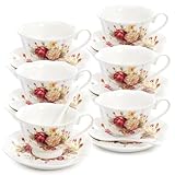 Foraineam Floral Tea Cup with Saucers and Spoons Set of 6 - Coffee Cups and Saucers with Gold Trim - 6 oz Porcelain Ivory Latte Cup and Espresso Mug for Coffee Drinks and Tea
