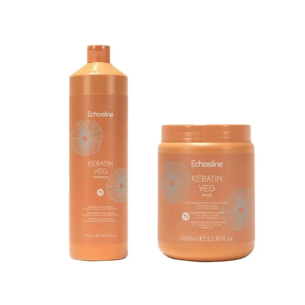 Set Keratin Veg , Shampoo e Maschera Senza Sali per Capelli Colorati e Trattati , adatti per stiratura alla cheratina, completamente Vegani Con Fiale alla Keratina,1000 ml