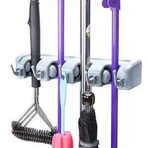 Ahkis Mop Holder and Broom Holder, 4 Slot Position with 5 Hooks Garage Storage Holder Wall Mounted | Broom Holder Wall Mounted | Broom Stand Holder for Home