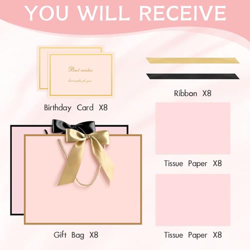 Image of JMANNI Gift Bags with Handles, 13 inch Medium Gift Bag for Presents, 8 Pcs Bags with 16 Tissue Paper and 8 Cards for Baby Shower Wedding Bridal Shower Mother's Day Birthday Party(pink-black)