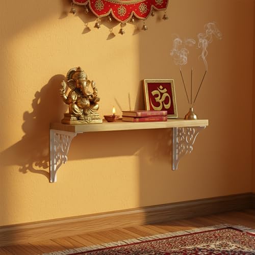 Image of Spillbox Wooden Pooja Home Temple|White Metal Shelf |Wall Mountable|Easy Screw Assembly|Home Temple for Puja Room |Pooja Stand | Mandir-Triple Floral (Small White)