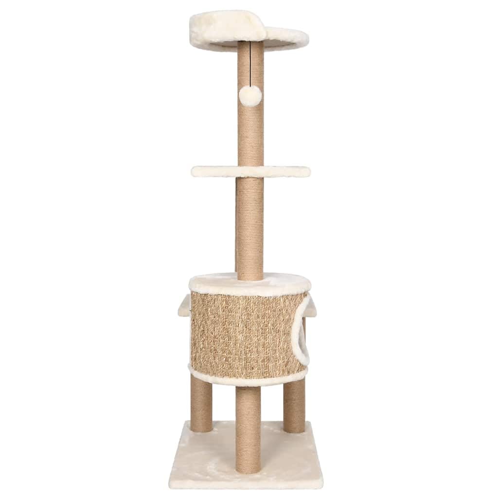 Albero per gatti 123 cm con tiragraffi in erba marina, centro giochi tutto in uno per gatti con posatoi, casa e palla sospesa