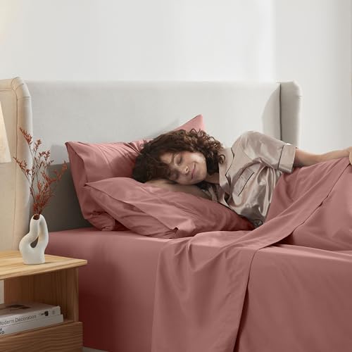 Image of Nestl Split King Bed Sheet Set - Pink Clay - 5-Piece Deep Pocket | Instantly Soft, Night-One Ready (No Wash Required). Fits 16-Inch Deep Pockets, 360-Degree Elastic Grip