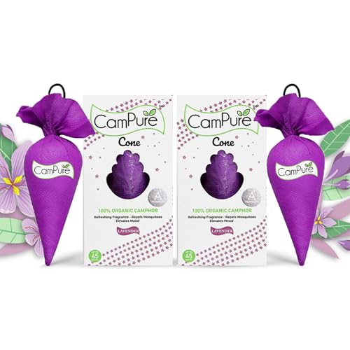 CamPure Camphor Cone (Lavender) Pack of 2-100% Organic | Air Freshener for Car, Wardrobe, Office Cabin's, Drawers, Travel Bag & Bathroom