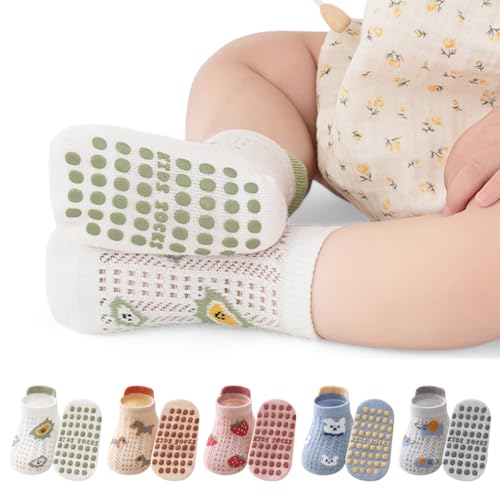 Image of SNOWIE SOFT 5 Pairs Baby Socks Set, Antislip Socks for New Born Baby 0-3 Years, Non Slip Grip Ankle Socks with Non Skid Soles for Infants Baby Shower Gifts