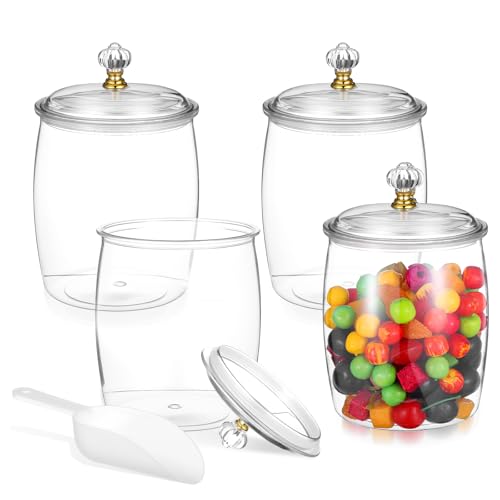 mekueeex 4 tarros de dulces con tapas y cucharas, contenedor de galletas de plástico transparente, gran hermético, organización de almacenamiento de boticario, recipiente duro para bufé de aperitivos
