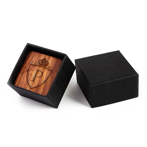 Image of Mens Initial Silver Cufflinks A-Z Alphabet Letter Steel Cuff Links with Engraved Walnut Wood Box Groom Groomsman Wedding Set