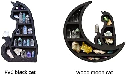 ZGOEK Moon Shelf for Crystals Wood Crystal Shelf Black Cat Design Display Shelf Wood Moon Decor Wall Decorations for Stones Crystals & Essential Oils. Moon Phases Wall Art, B, 11.81 inch