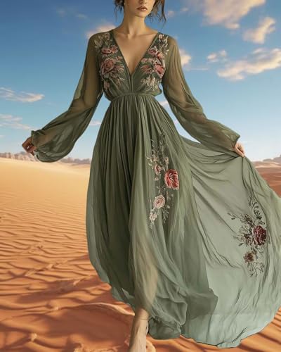 Womens Elegant Floral Embroidered Long Sleeve Maxi Dress, Deep V Neck Transparent Long Sleeves Cinched Waist Maxi Dress3