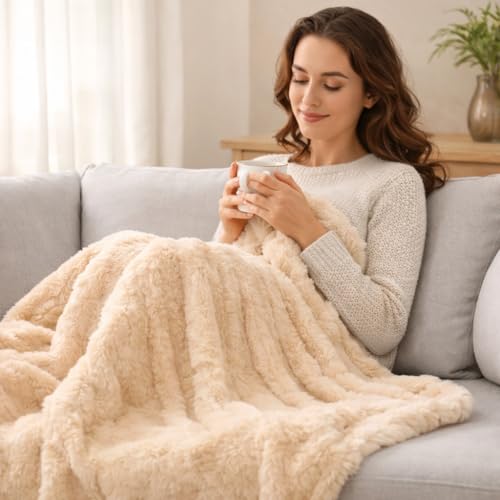Image of WONJU Ultra Plush Mink Blanket | Soft Warm Fleece Blanket for Double Bed | Luxury Winter Blanket for Bed, Sofa, Couch & Travel | Machine Washable (Cream)