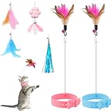 Otunrues Cat Feather Collar Toys 2 Pcs Interactive Toys for Indoor Cats Teasing Wand Collar Funny Toy with Bell and Replaceable 4 Feathers Refills Multiple Ways for Cats to Play(Blue+Pink)
