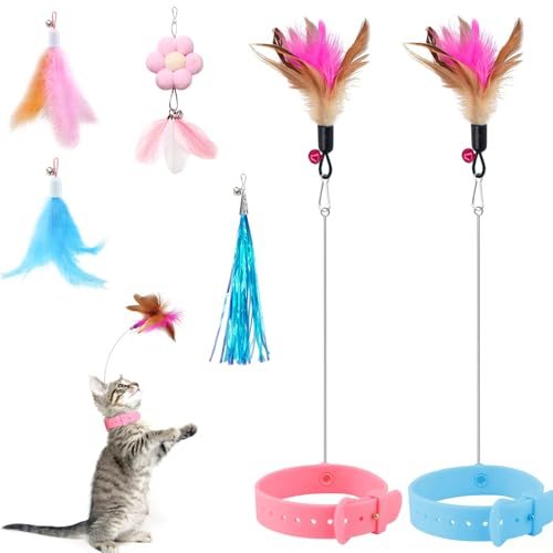 Otunrues Cat Feather Collar Toys 2 Pcs Interactive Toys for Indoor Cats Teasing Wand Collar Funny Toy with Bell and Replaceable 4 Feathers Refills Multiple Ways for Cats to Play(Blue+Pink)