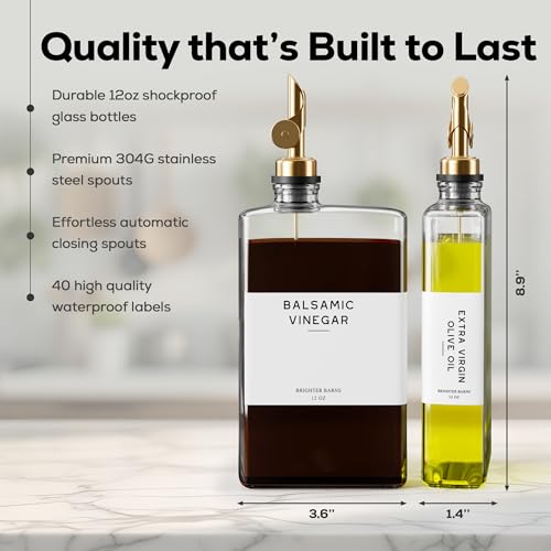 Glass Olive Oil Dispenser Bottle for Kitchen by Brighter Barns - Coffee Syrup Dispenser, Oil and Vinegar Bottle - Modern Kitchen Essentials for Restaurants, Coffee Bar, Airbnb (Clear/Gold, Set of 2)