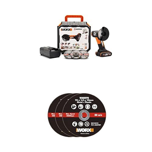 PACK WORX Mini meuleuse d'angle sans fil 20V WX801 + 3 disques supplémentaires, pour carrelage, métal, plastique, disque 76 mm, 19 500 tr/min, livrée avec 6...