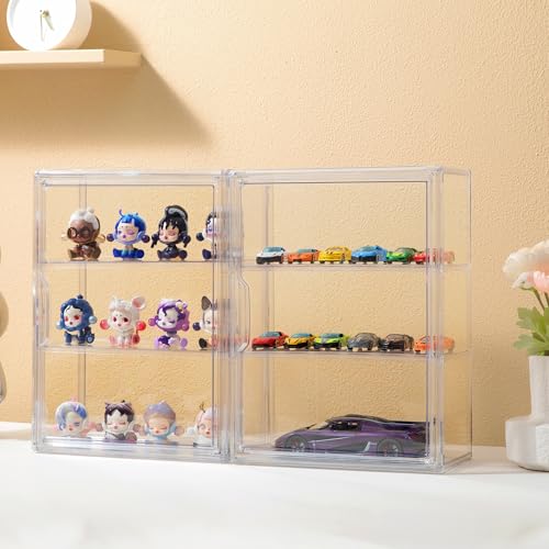 Image of Attelite Acrylic Display Cases for Collectibles, 4 Pack 3 Layer Clear Display Case with Magnetic Door,Dustproof Clear Showcase with 2 Adjustable Divider Storage Box for Action Figure