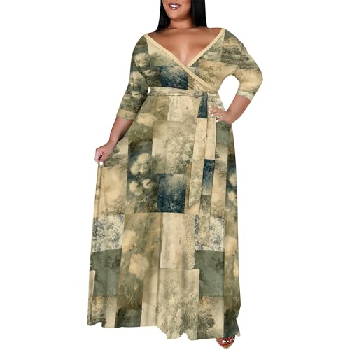 Image of SUZONANA Women's Plus Size Maxi Dresses Casual Loose Short Sleeve Long Maxi Dress with Belt Wedding