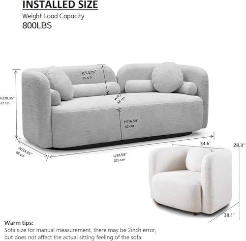 Image of 2026 New White Boucle Sofa Set, 2-Piece Living Room Seating Set - 3 Seater Sofa + Single Chair, Solid Wood Frame Modern Couches with Pillows