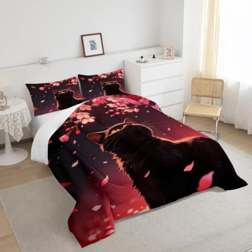 Image of Cat Cherry Blossom Comforter Set Full Size Floral Print Bedding Set | Romantic Red Gradient Sky Sakura Bedding Set for Women Girls, 3 Pieces Soft Washable All Season Bed Set for Bedroom Decor